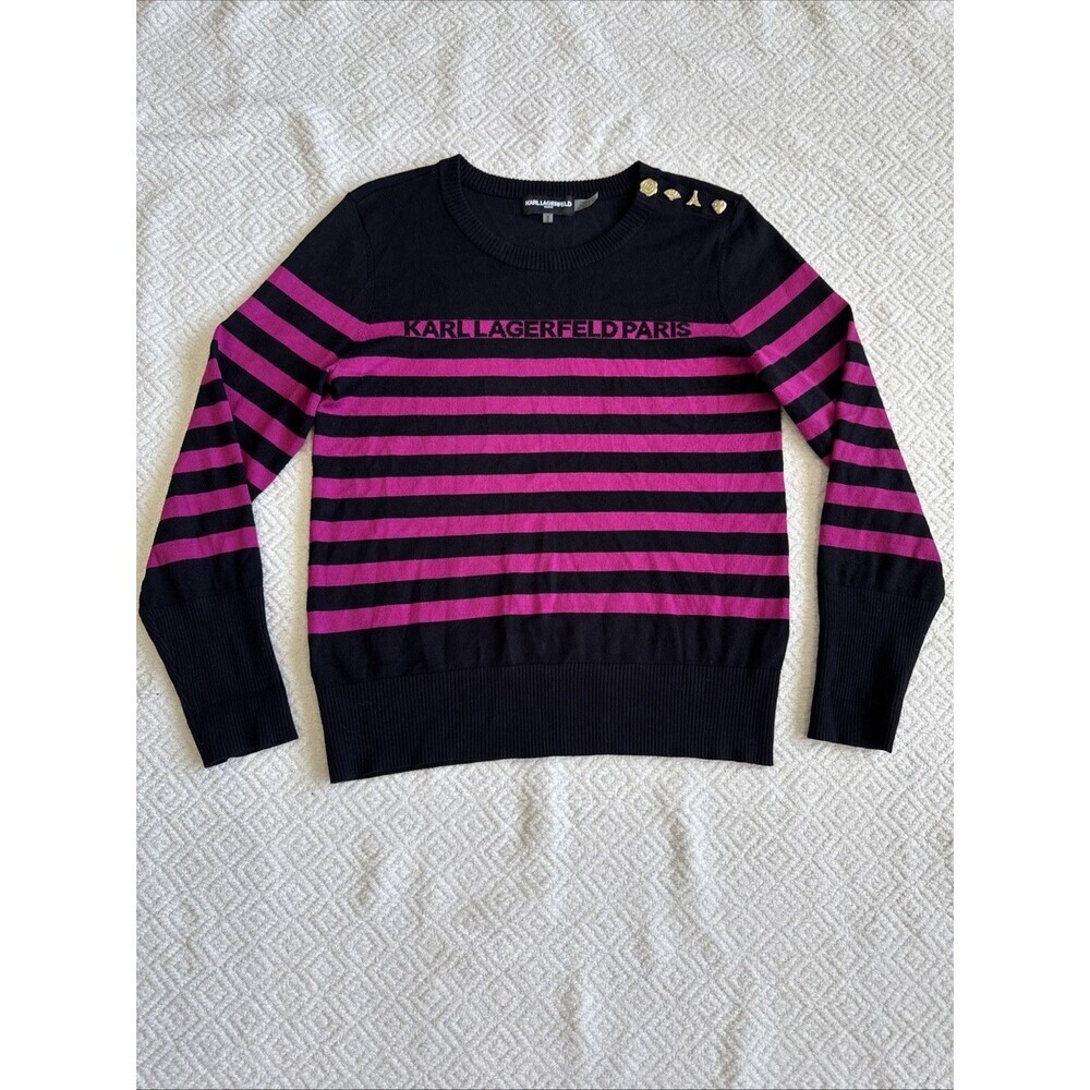 Karl Lagerfeld Paris Black/Pink Stripes With Pins Sweater Sz M